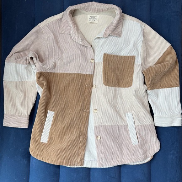 Ashley By 26 International Tops - Womens Shirt Jacket Lg Pink Brown Beige Corduroy Patchwork Shacket Long Sleeve